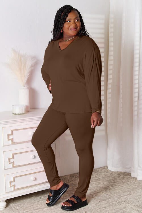 V-Neck Soft Long Sleeve Top and Pants Lounge Set