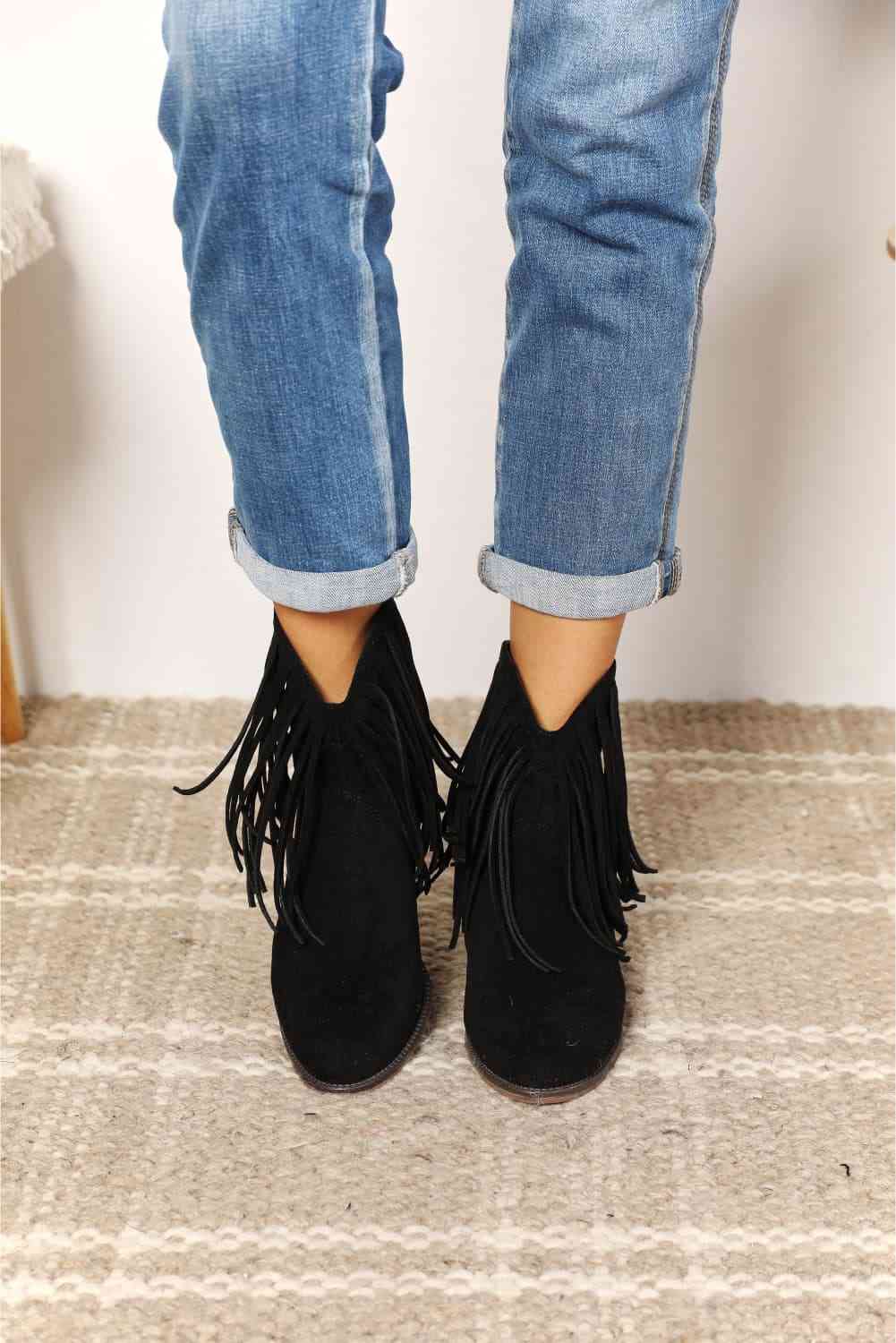 Lish Fringe Ankle Boots in Black