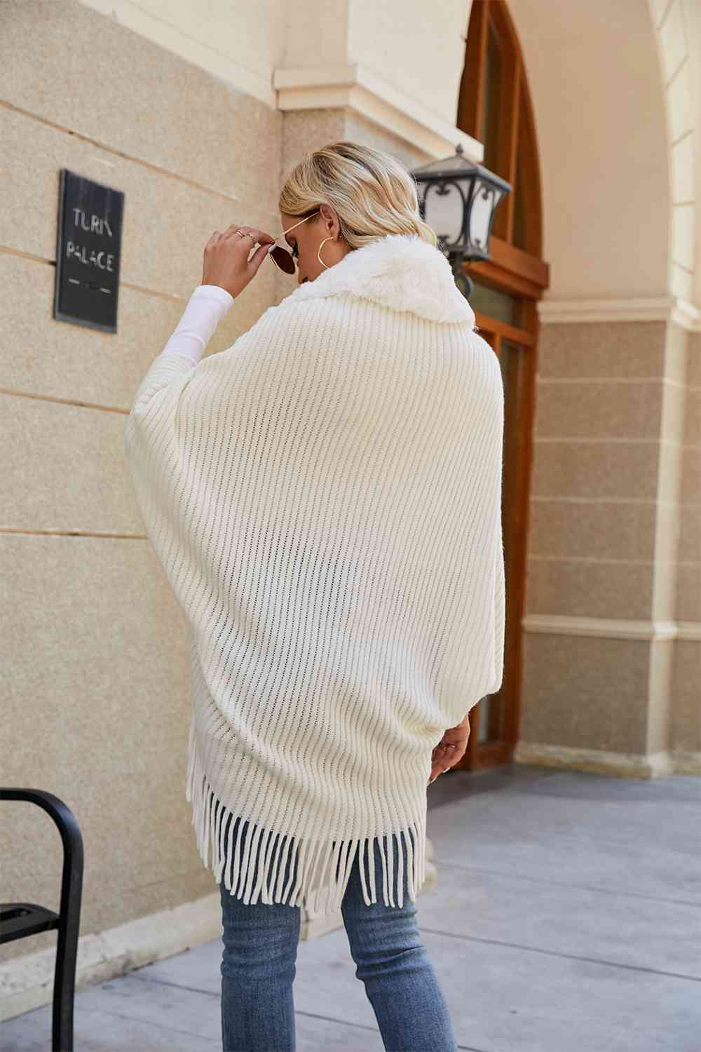 Fringe Long Sleeve Ribbed Poncho