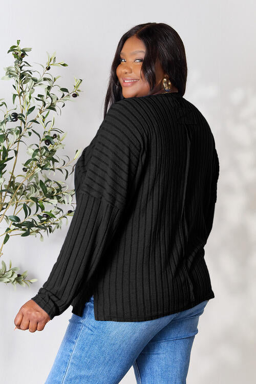 Ribbed Round Neck Slit Knit Sweater