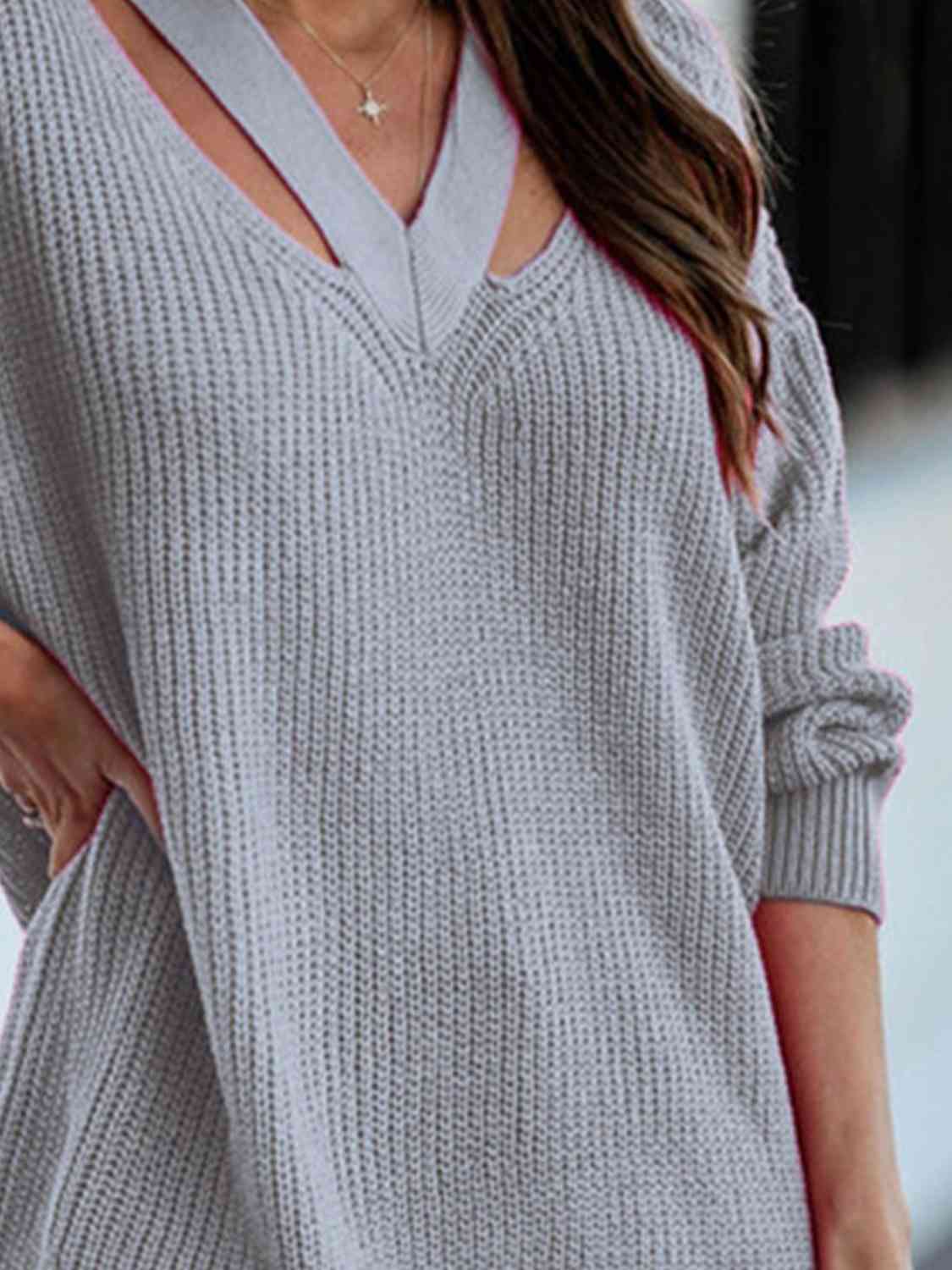 Cutout V-Neck Rib-Knit Sweater