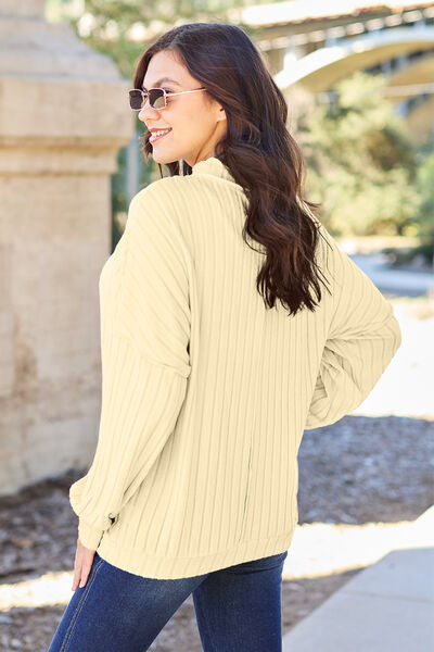 Ribbed Exposed Seam Mock Neck Knit Sweater