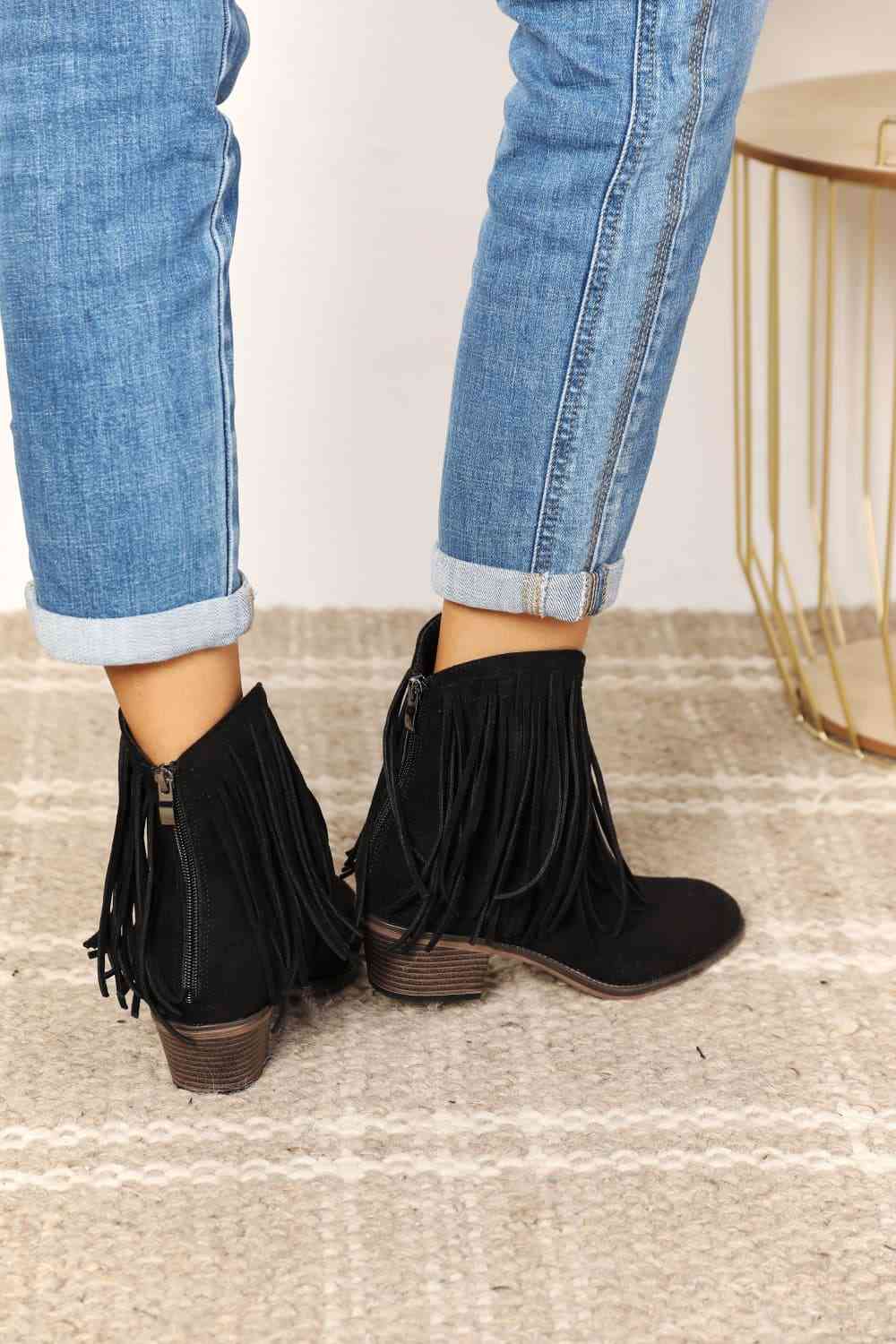 Lish Fringe Ankle Boots in Black