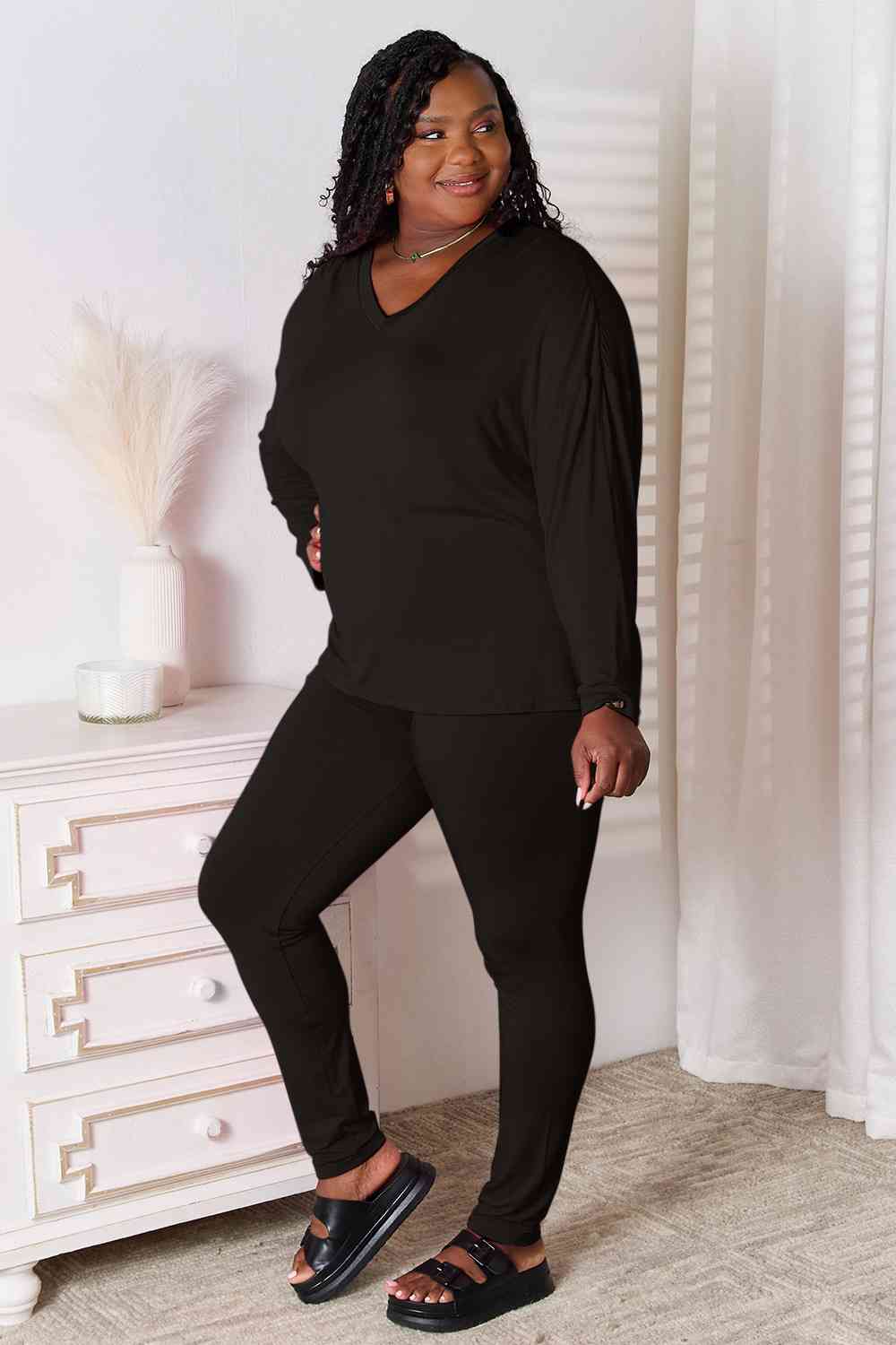 V-Neck Soft Long Sleeve Top and Pants Lounge Set