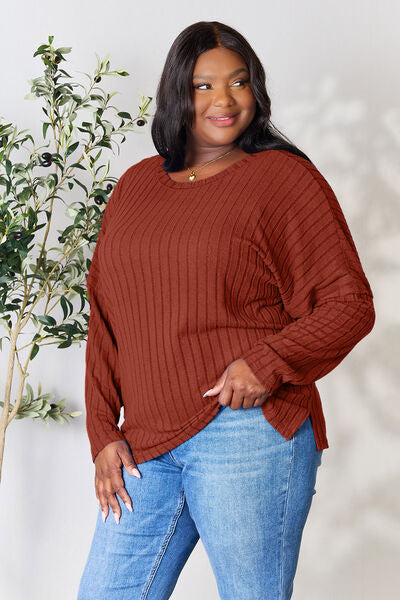 Ribbed Round Neck Slit Knit Sweater