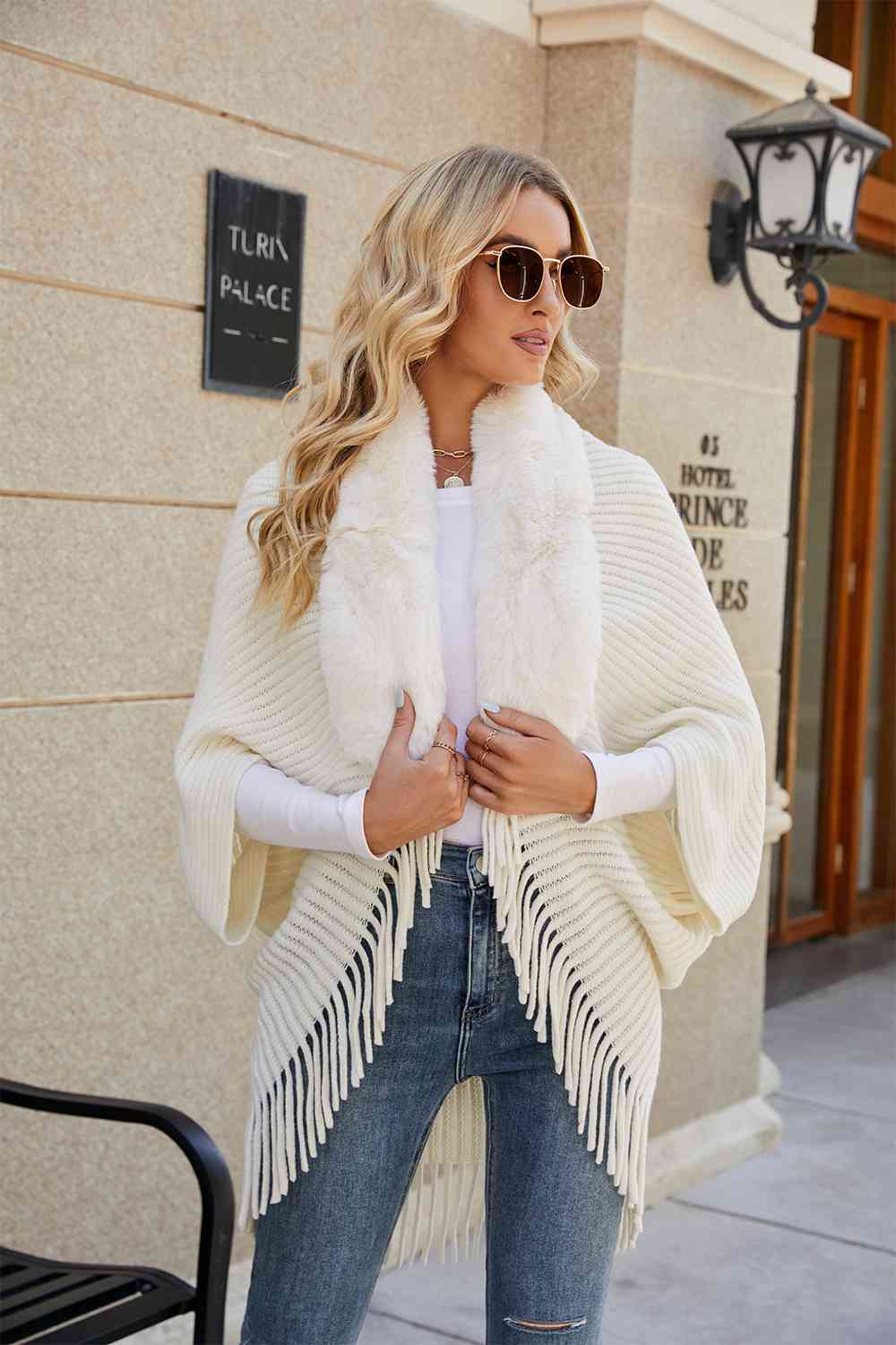 Fringe Long Sleeve Ribbed Poncho