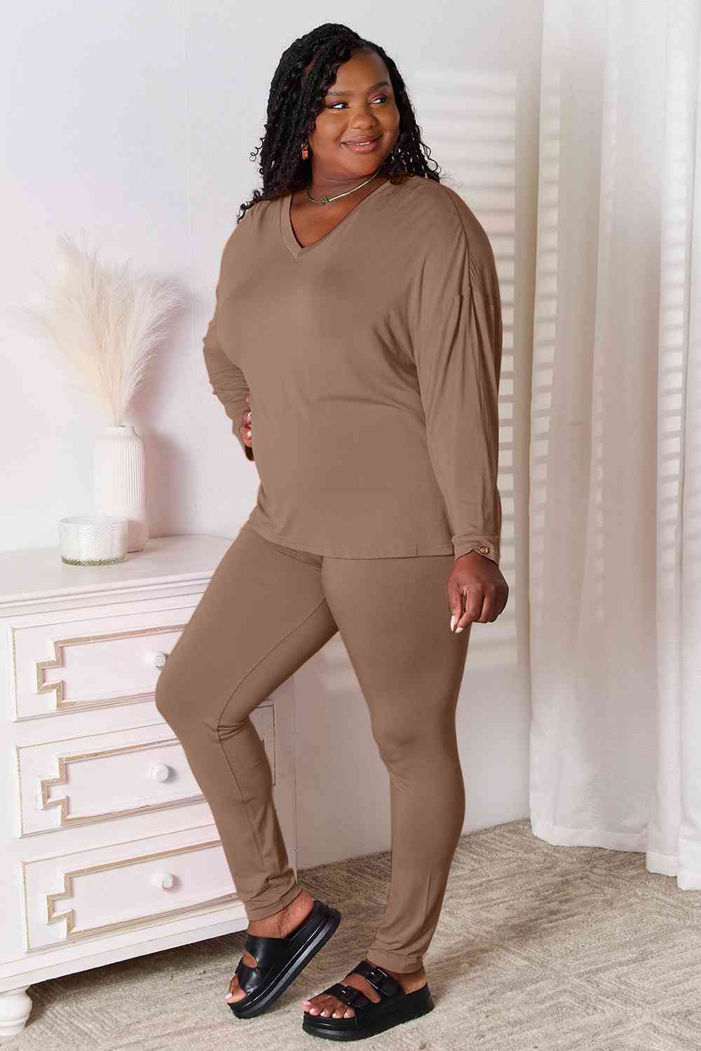 V-Neck Soft Long Sleeve Top and Pants Lounge Set