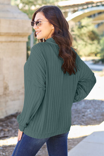 Ribbed Exposed Seam Mock Neck Knit Sweater