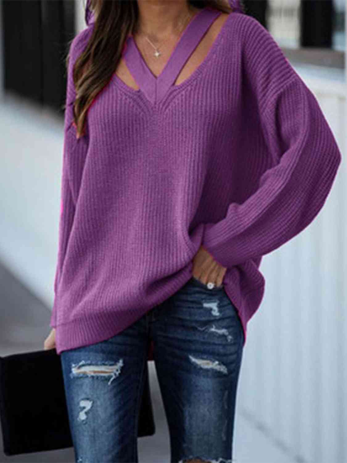 Cutout V-Neck Rib-Knit Sweater