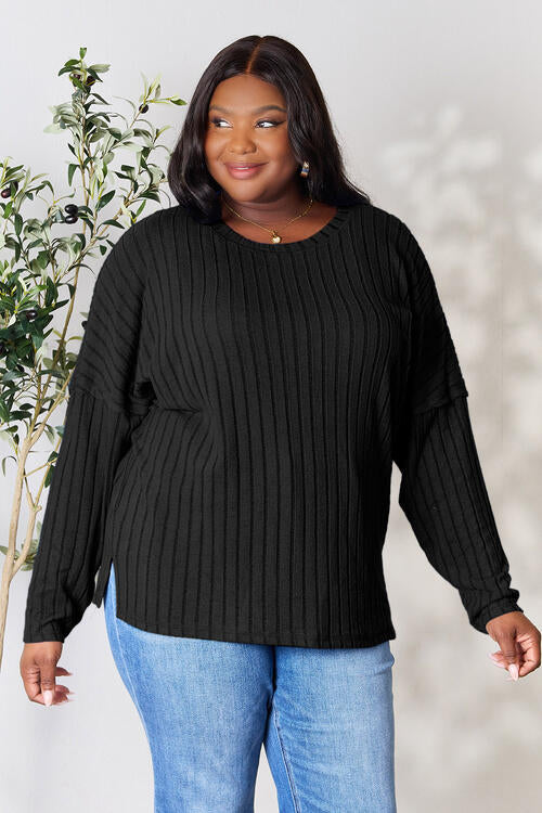 Ribbed Round Neck Slit Knit Sweater