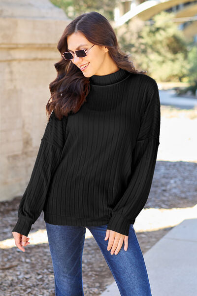 Ribbed Exposed Seam Mock Neck Knit Sweater