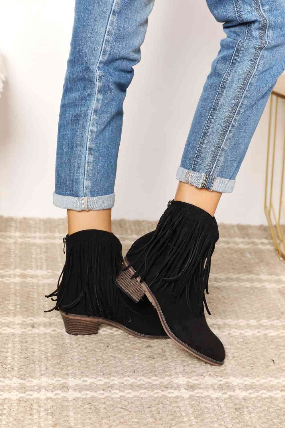 Lish Fringe Ankle Boots in Black