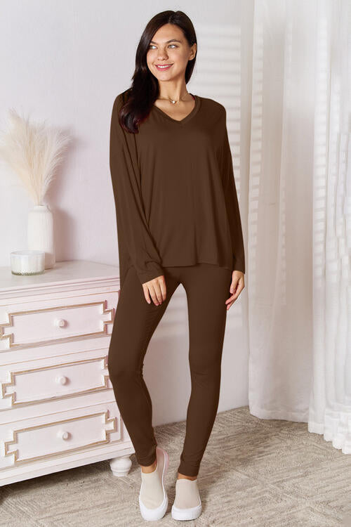 V-Neck Soft Long Sleeve Top and Pants Lounge Set