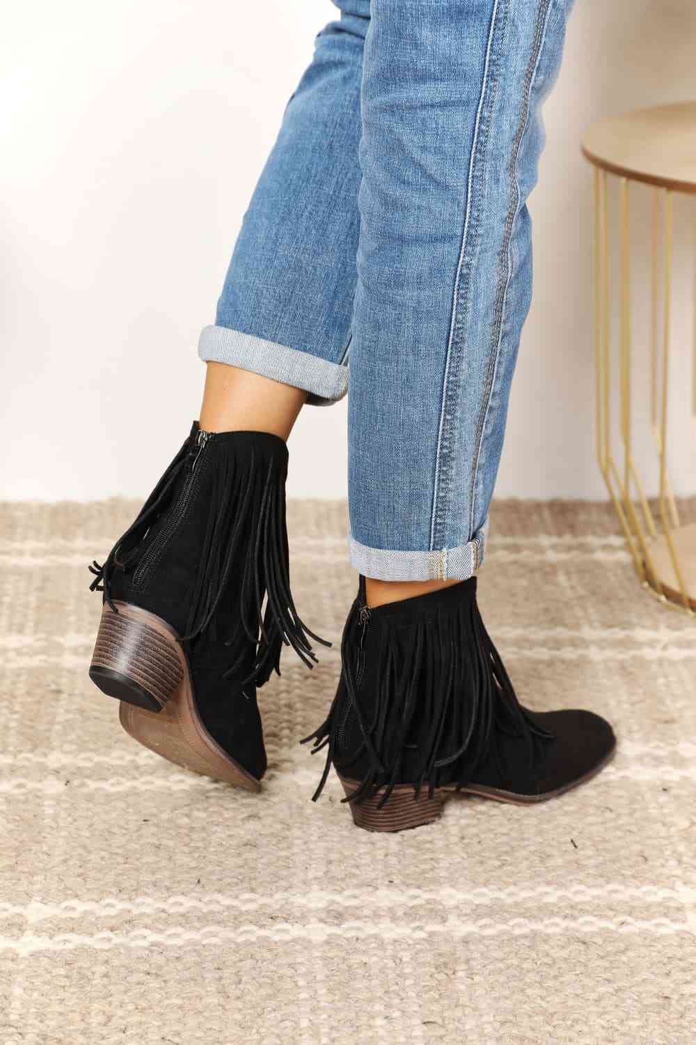 Lish Fringe Ankle Boots in Black