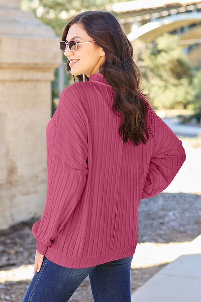 Ribbed Exposed Seam Mock Neck Knit Sweater