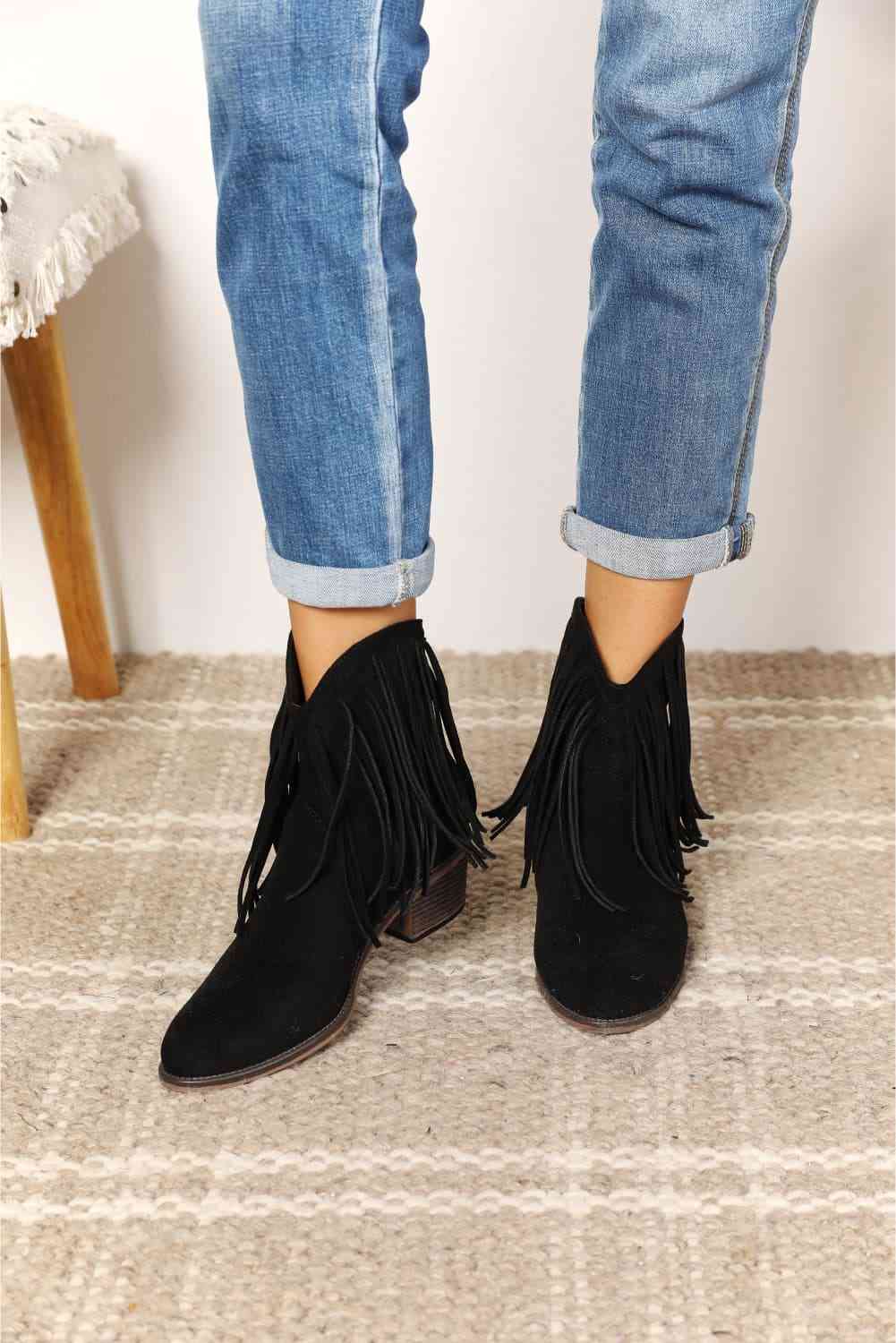 Lish Fringe Ankle Boots in Black