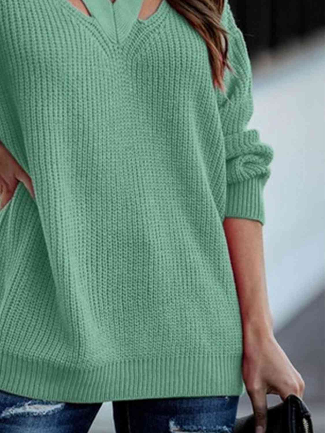 Cutout V-Neck Rib-Knit Sweater