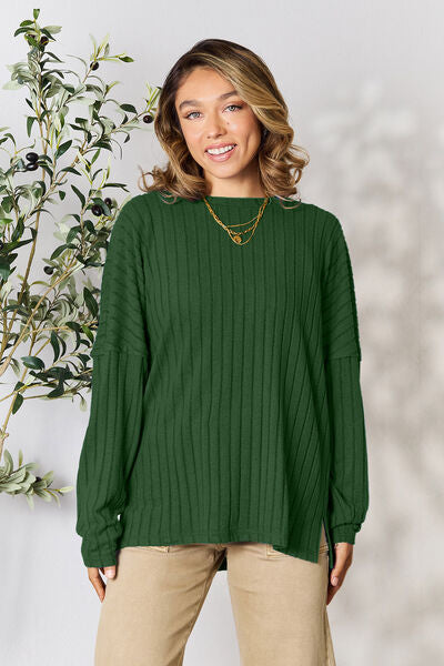 Ribbed Round Neck Slit Knit Sweater