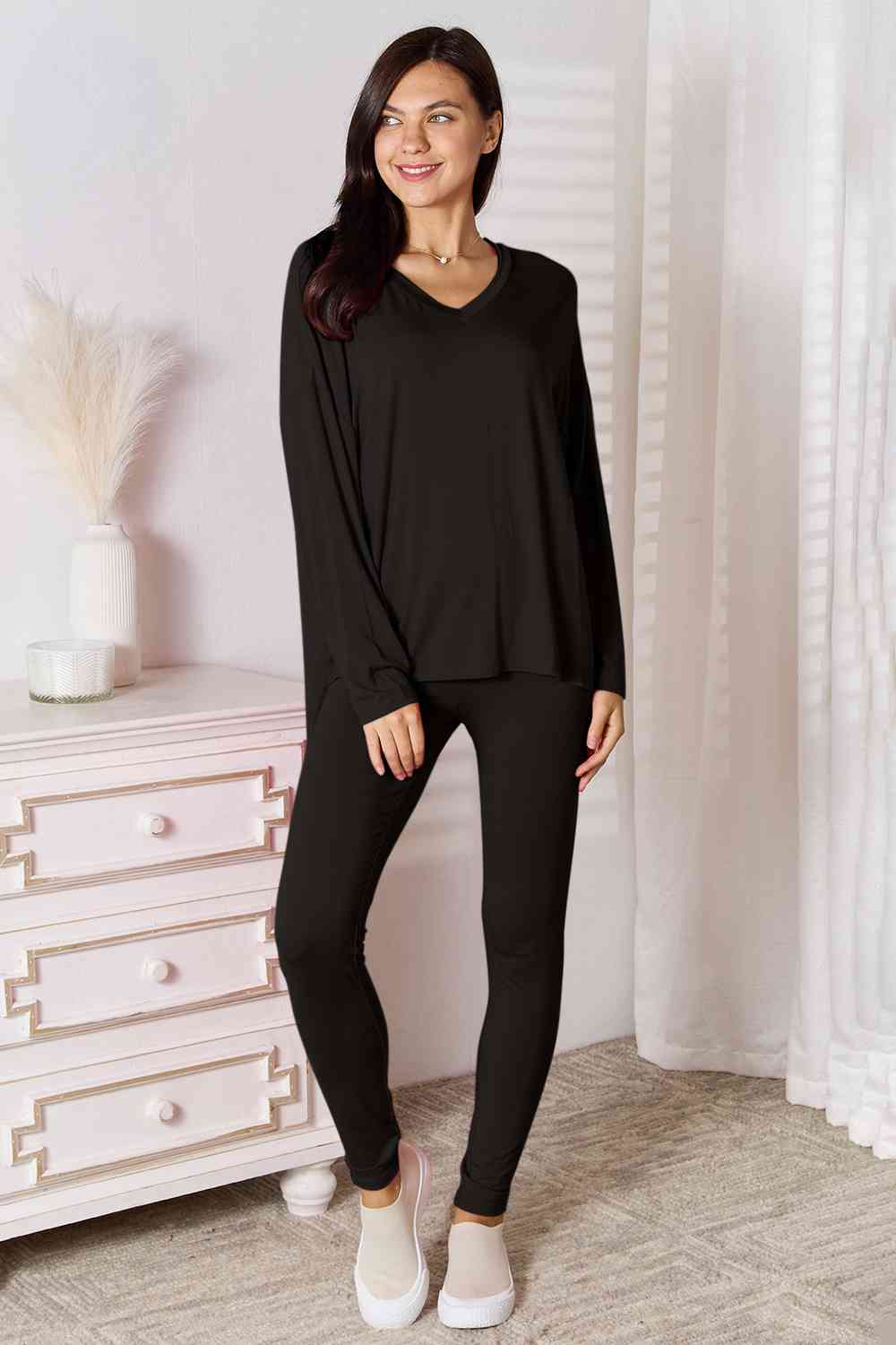 V-Neck Soft Long Sleeve Top and Pants Lounge Set