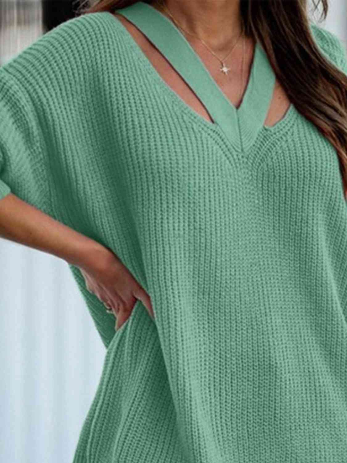 Cutout V-Neck Rib-Knit Sweater