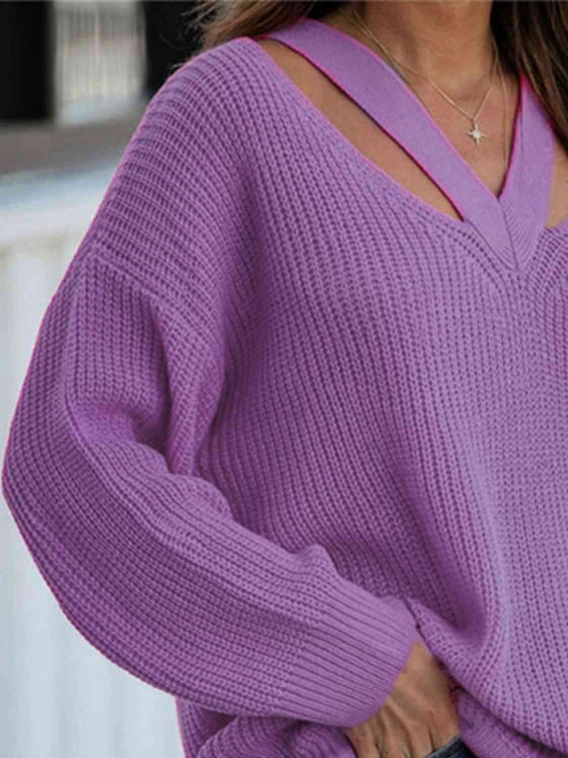 Cutout V-Neck Rib-Knit Sweater
