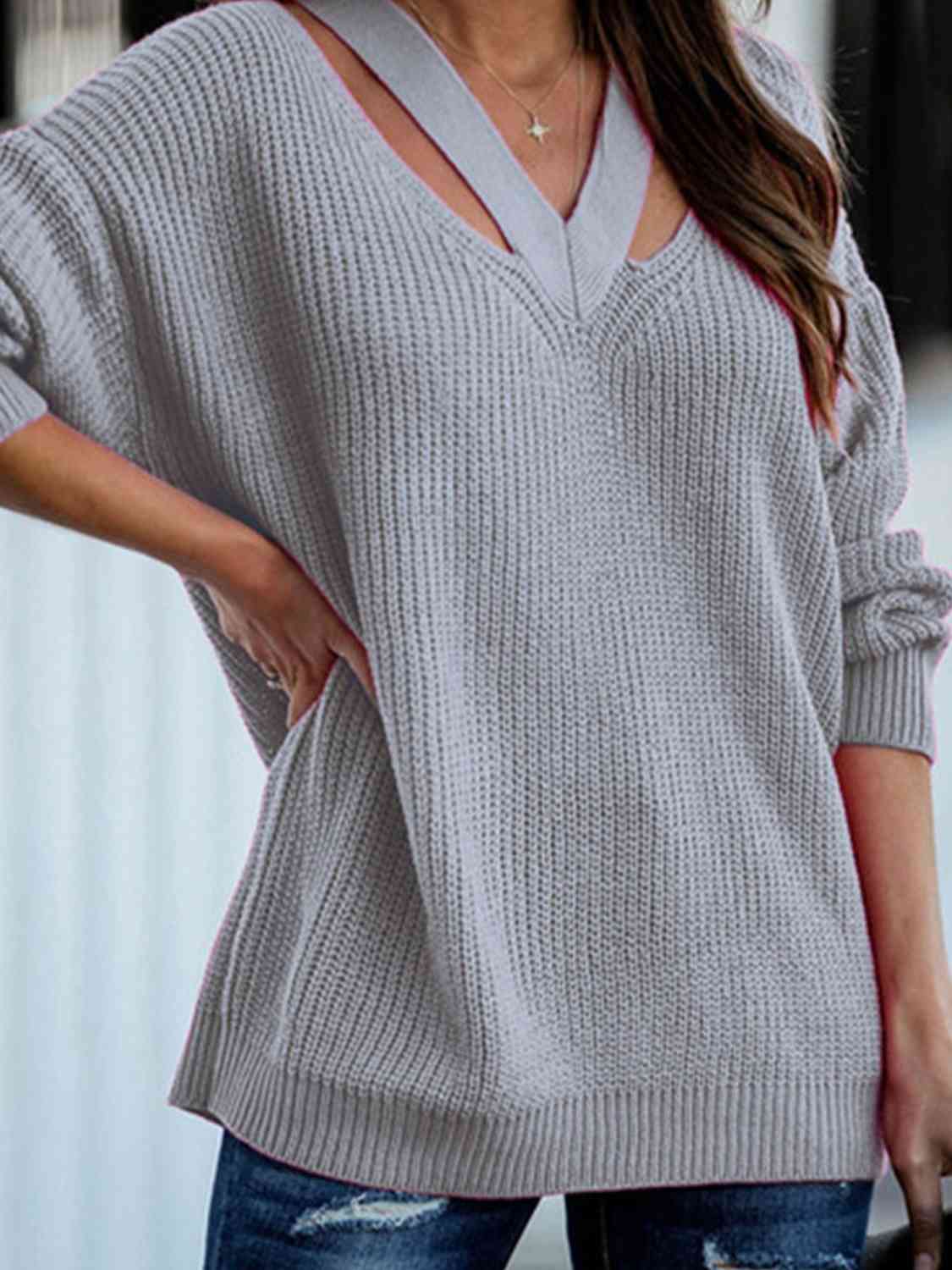 Cutout V-Neck Rib-Knit Sweater
