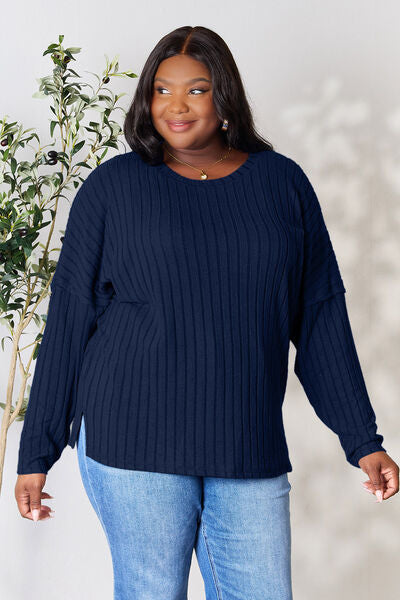 Ribbed Round Neck Slit Knit Sweater