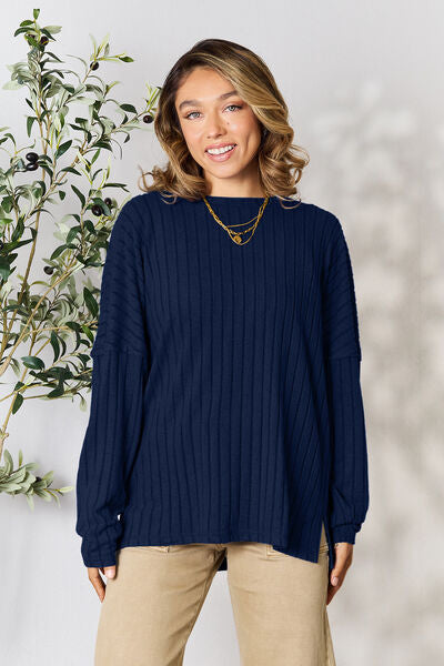 Ribbed Round Neck Slit Knit Sweater