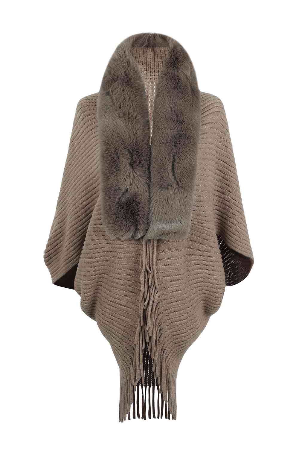 Fringe Long Sleeve Ribbed Poncho
