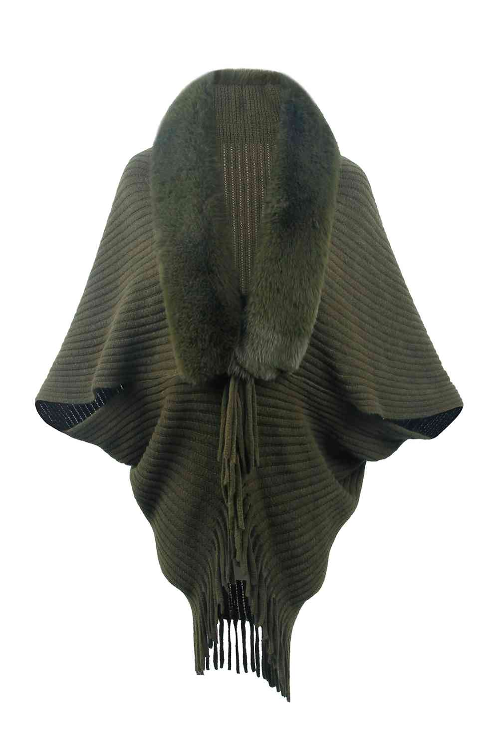 Fringe Long Sleeve Ribbed Poncho