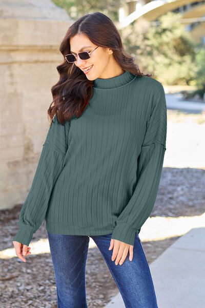 Ribbed Exposed Seam Mock Neck Knit Sweater