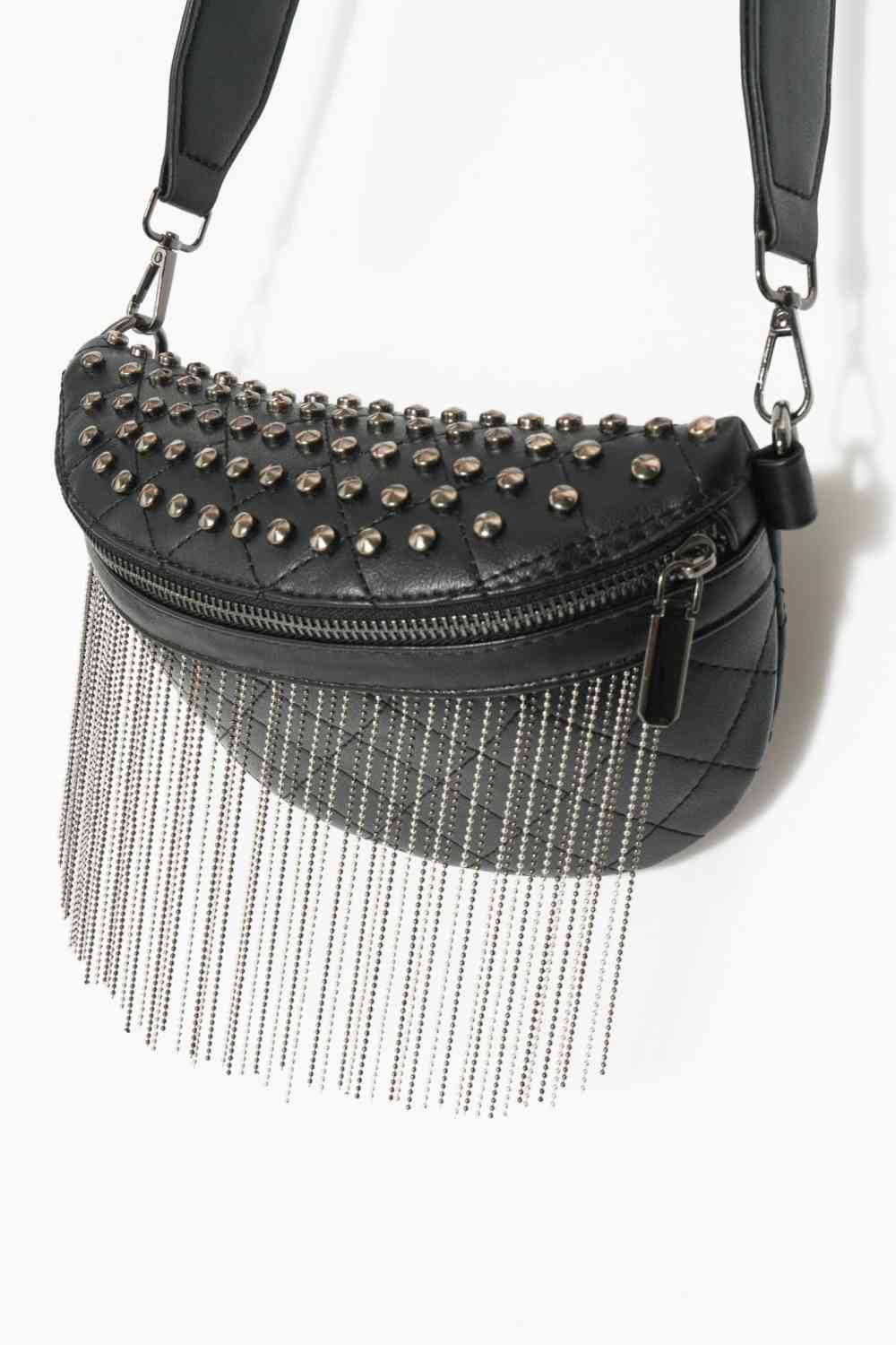 Leather Studded Sling Bag with Fringes