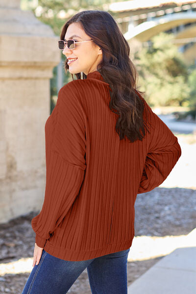 Ribbed Exposed Seam Mock Neck Knit Sweater