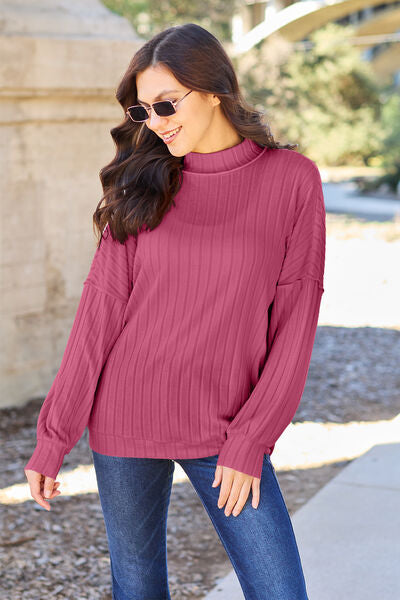 Ribbed Exposed Seam Mock Neck Knit Sweater