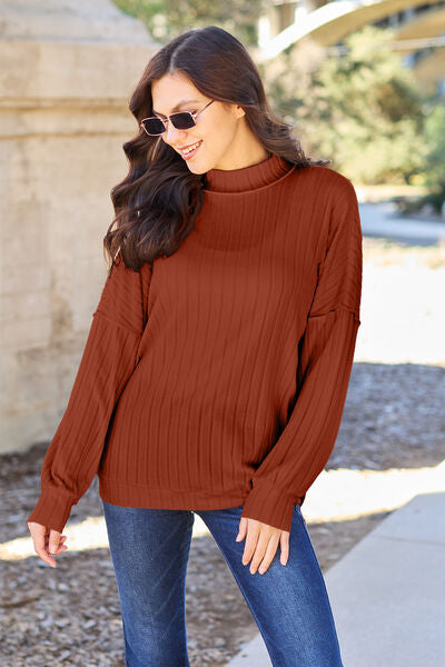 Ribbed Exposed Seam Mock Neck Knit Sweater