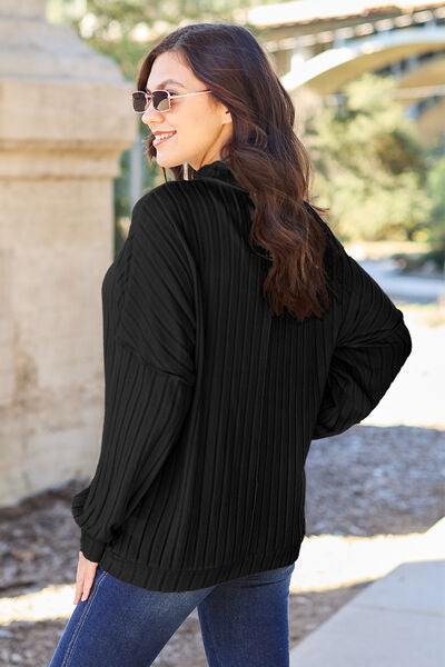 Ribbed Exposed Seam Mock Neck Knit Sweater