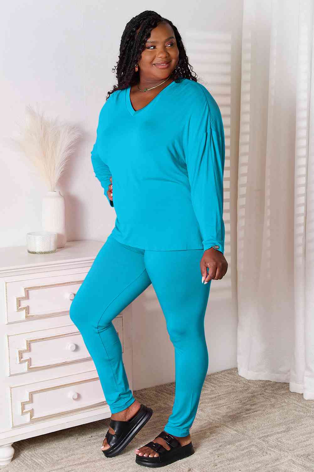 V-Neck Soft Long Sleeve Top and Pants Lounge Set