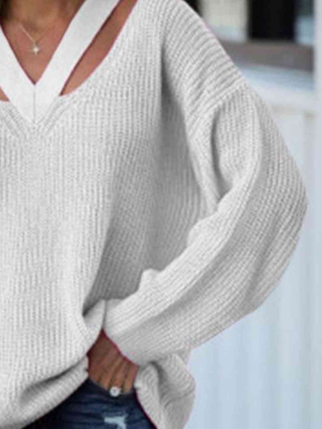Cutout V-Neck Rib-Knit Sweater