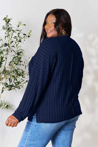Ribbed Round Neck Slit Knit Sweater