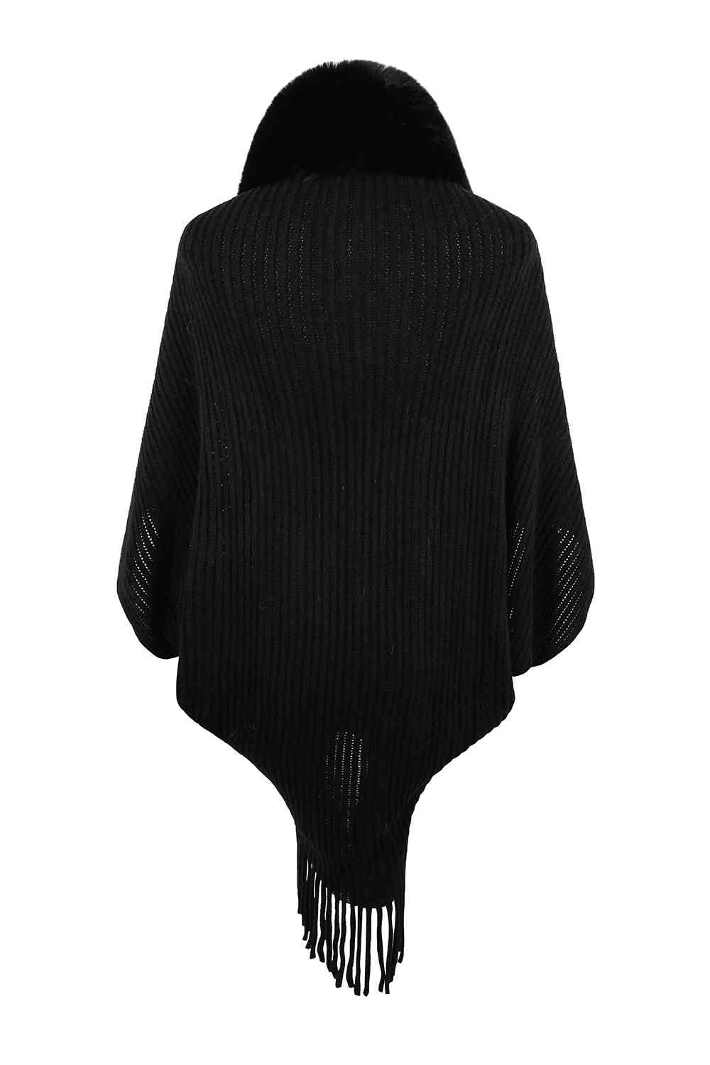 Fringe Long Sleeve Ribbed Poncho
