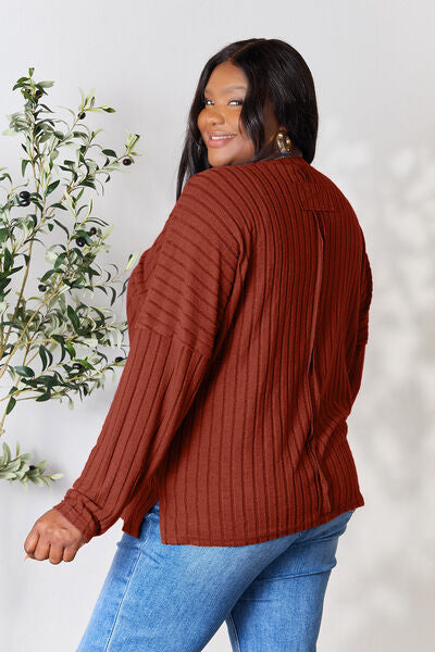 Ribbed Round Neck Slit Knit Sweater