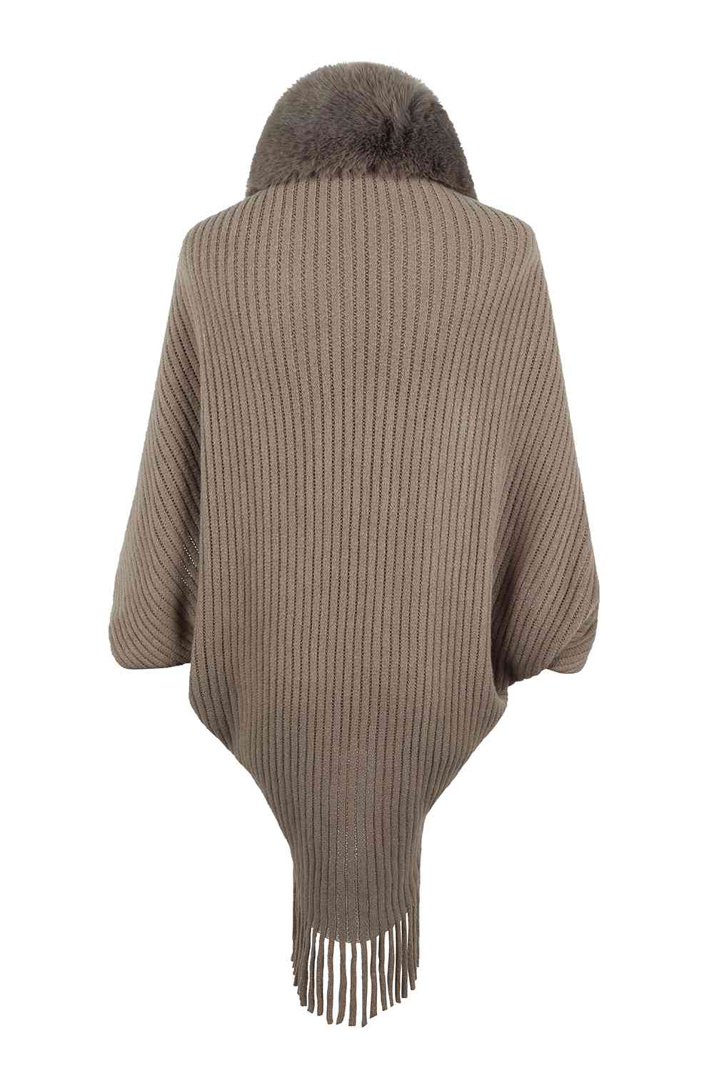 Fringe Long Sleeve Ribbed Poncho