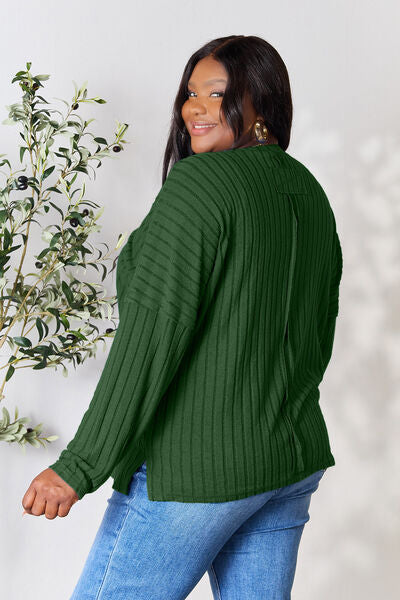 Ribbed Round Neck Slit Knit Sweater