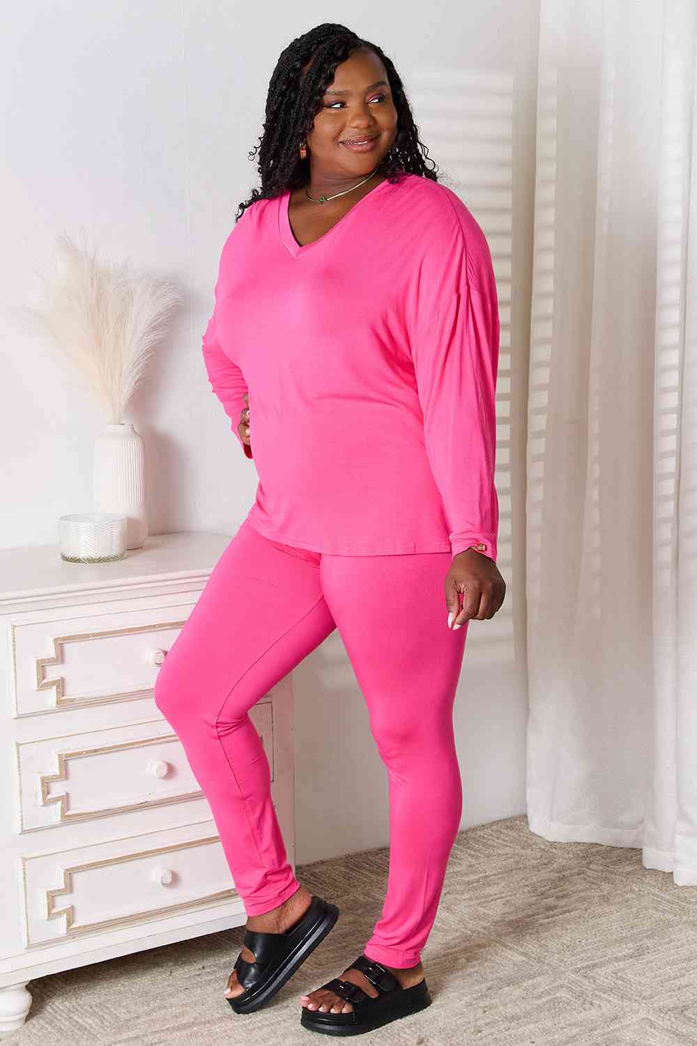 V-Neck Soft Long Sleeve Top and Pants Lounge Set