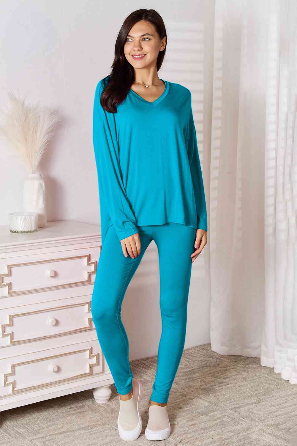 V-Neck Soft Long Sleeve Top and Pants Lounge Set