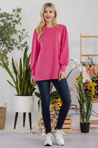 Striped Round Neck Lantern Sleeve Top
