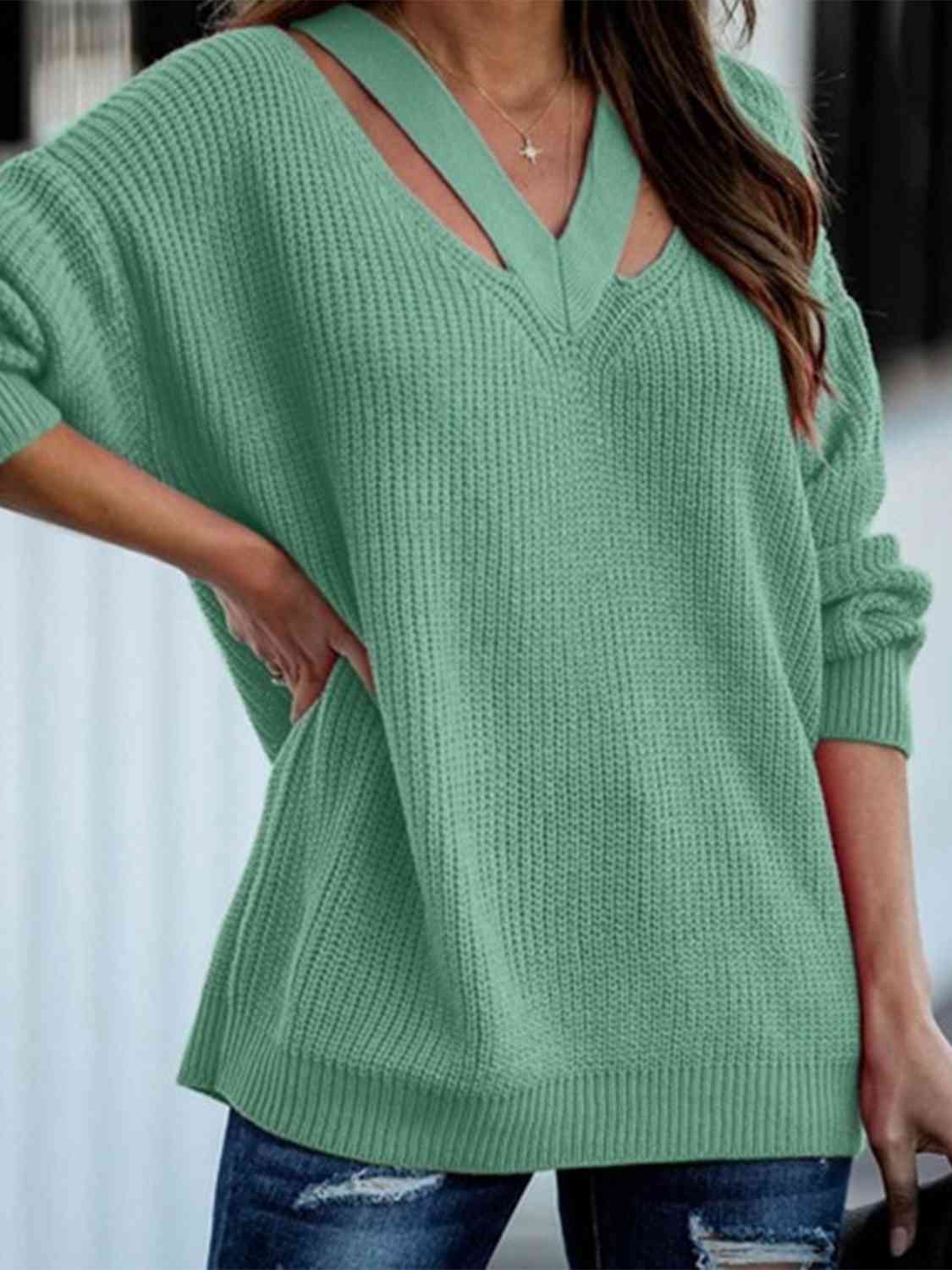 Cutout V-Neck Rib-Knit Sweater