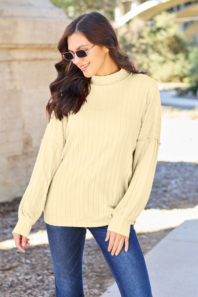 Ribbed Exposed Seam Mock Neck Knit Sweater