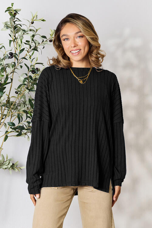 Ribbed Round Neck Slit Knit Sweater