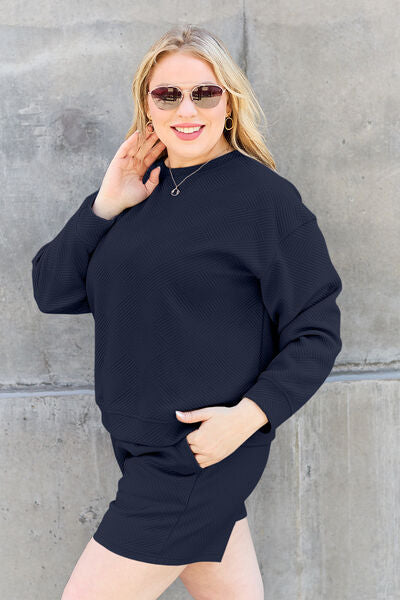 Textured Long Sleeve Top and Drawstring Shorts Set